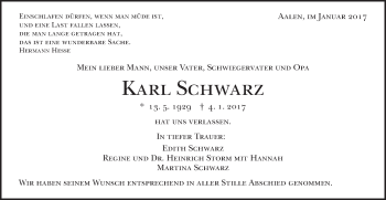 Traueranzeige von Karl Schwarz von Schwäbische Post