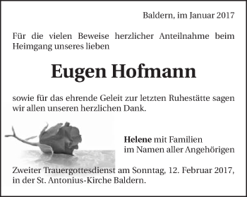 Traueranzeige von Eugen Hofmann von Bopfinger Stadtanzeiger