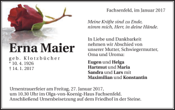 Traueranzeige von Erna Maier von Schwäbische Post