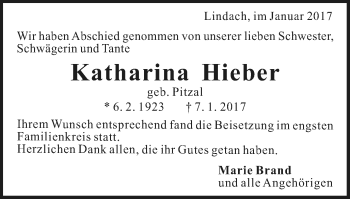 Traueranzeige von Katharina Hieber von Gmünder Tagespost
