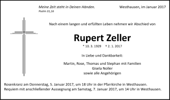 Traueranzeige von Rupert Zeller von Schwäbische Post