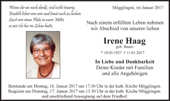 Traueranzeige von Irene Haag von Gmünder Tagespost