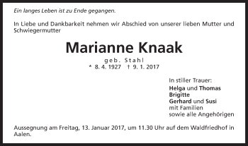 Traueranzeige von Marianne Knaak von Schwäbische Post