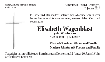 Traueranzeige von Elisabeth Wagenblast von Gmünder Tagespost