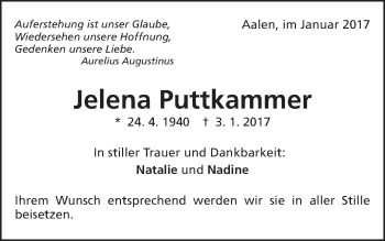 Traueranzeige von Jelena Puttkammer von Schwäbische Post