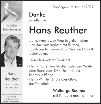 Traueranzeige von Hans Reuther von Bopfinger Stadtanzeiger