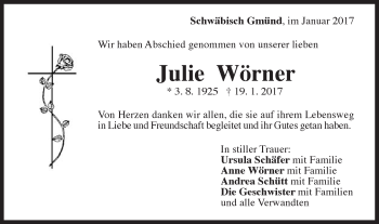 Traueranzeige von Julie Wörner von Gmünder Tagespost
