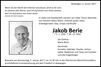 Traueranzeige von Jakob Berie von Schwäbische Post