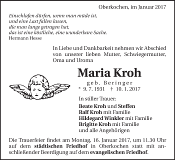 Traueranzeige von Maria Kroh von Schwäbische Post