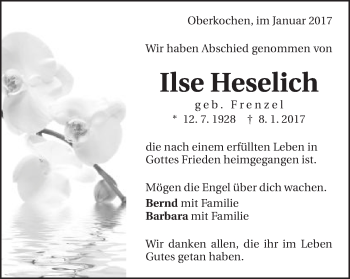 Traueranzeige von Ilse Heselich von Amtsblatt_Oko