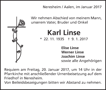 Traueranzeige von Karl Linse von Schwäbische Post