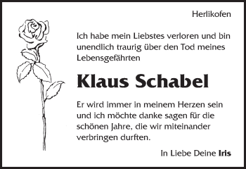 Traueranzeige von Klaus Schabel  von Gmünder Tagespost