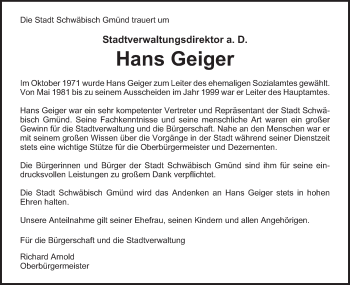Traueranzeige von Hans Geiger von Gmünder Tagespost