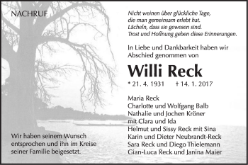 Traueranzeige von Willi Reck von Schwäbische Post