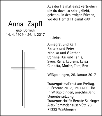 Traueranzeige von Anna Zapfl von Gmünder Tagespost