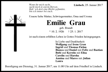 Traueranzeige von Emilie Grau  von Gmünder Tagespost