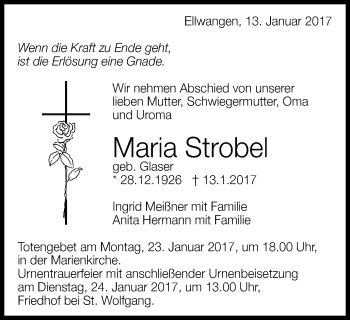 Traueranzeige von Maria Strobel von Schwäbische Post