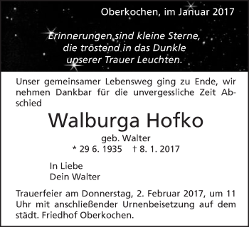 Traueranzeige von Walburga Hofko von Schwäbische Post