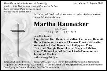 Traueranzeige von Martha Raunecker von Schwäbische Post
