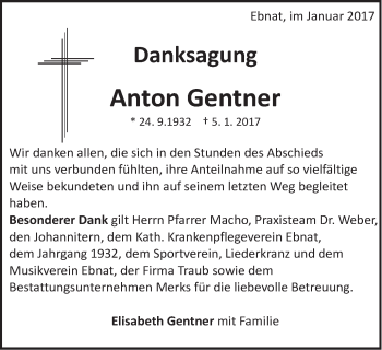 Traueranzeige von Anton Gentner von Schwäbische Post