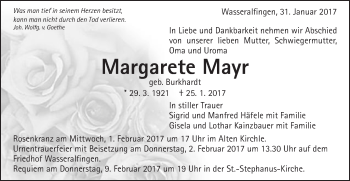 Traueranzeige von Margarete Mayr von Schwäbische Post