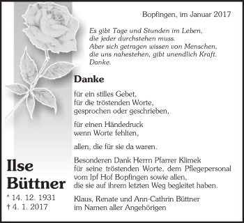 Traueranzeige von Ilse Büttner von Bopfinger Stadtanzeiger