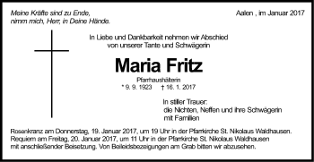 Traueranzeige von Maria Fritz von Schwäbische Post