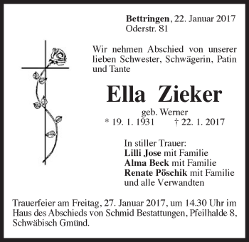 Traueranzeige von Ella Zieker von Gmünder Tagespost