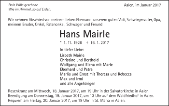 Traueranzeige von Hans Mairle von Schwäbische Post