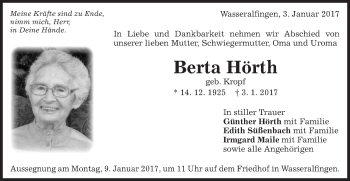 Traueranzeige von Berta Hörth von Schwäbische Post