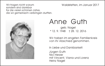 Traueranzeige von Anne Guth von Gmünder Tagespost