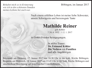 Traueranzeige von Mathilde Reiner von Gmünder Tagespost