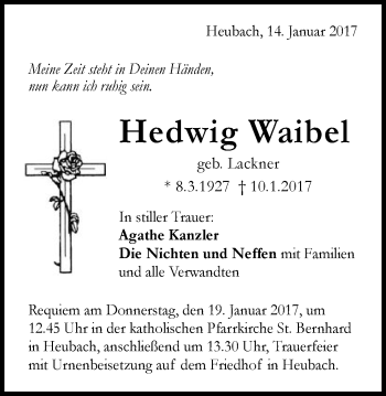 Traueranzeige von Hedwig Waibel von Gmünder Tagespost