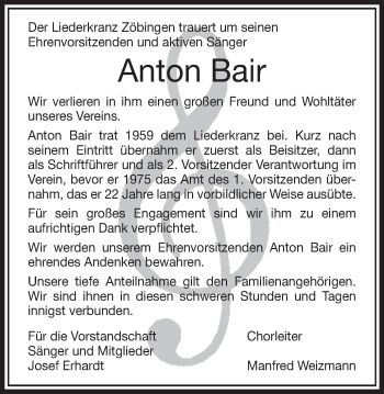 Traueranzeige von Anton Bair von Schwäbische Post
