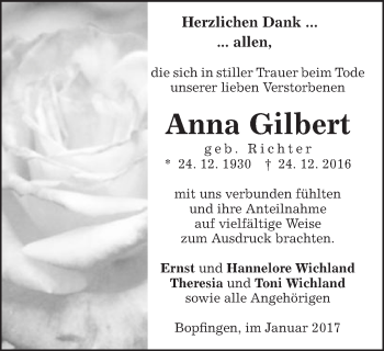 Traueranzeige von Anna Gilbert von Bopfinger Stadtanzeiger