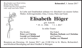 Traueranzeige von Elisabeth Höger von Gmünder Tagespost