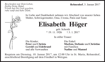 Traueranzeige von Elisabeth Höger