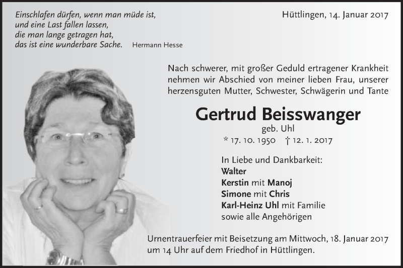  Traueranzeige für Gertrud Beisswanger vom 14.01.2017 aus Schwäbische Post