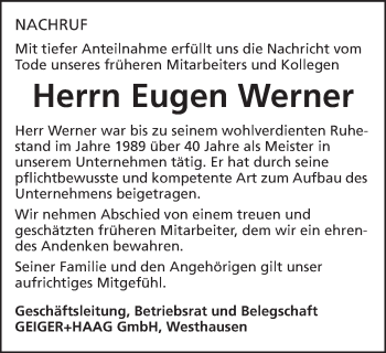 Traueranzeige von Eugen Werner von Schwäbische Post