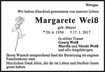 Traueranzeige von Margarete Weiß von Gmünder Tagespost