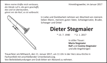 Traueranzeige von Dieter Stegmaier von Schwäbische Post