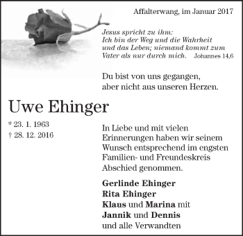 Traueranzeige von Uwe Ehinger von Schwäbische Post