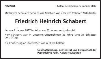Traueranzeige von Friedrich Heinrich Schabert von Schwäbische Post