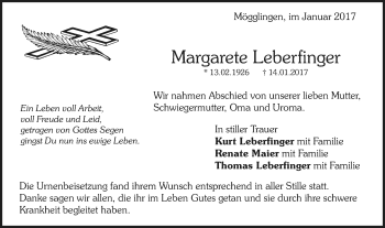 Traueranzeige von Margarete Leberfinger von Gmünder Tagespost