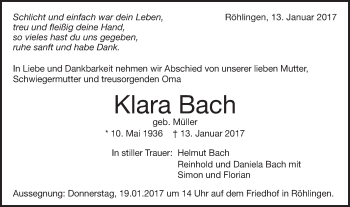 Traueranzeige von Klara Bach von Schwäbische Post