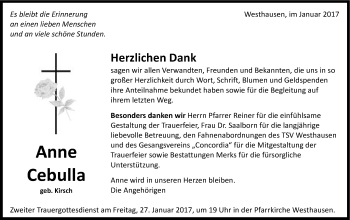Traueranzeige von Anne Cebulla von Schwäbische Post