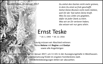 Traueranzeige von Ernst Teske von Schwäbische Post