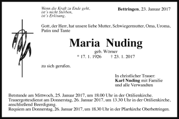 Traueranzeige von Maria Nuding von Gmünder Tagespost