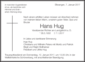 Traueranzeige von Hans Hug von Schwäbische Post