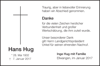 Traueranzeige von Hans Hug von Schwäbische Post